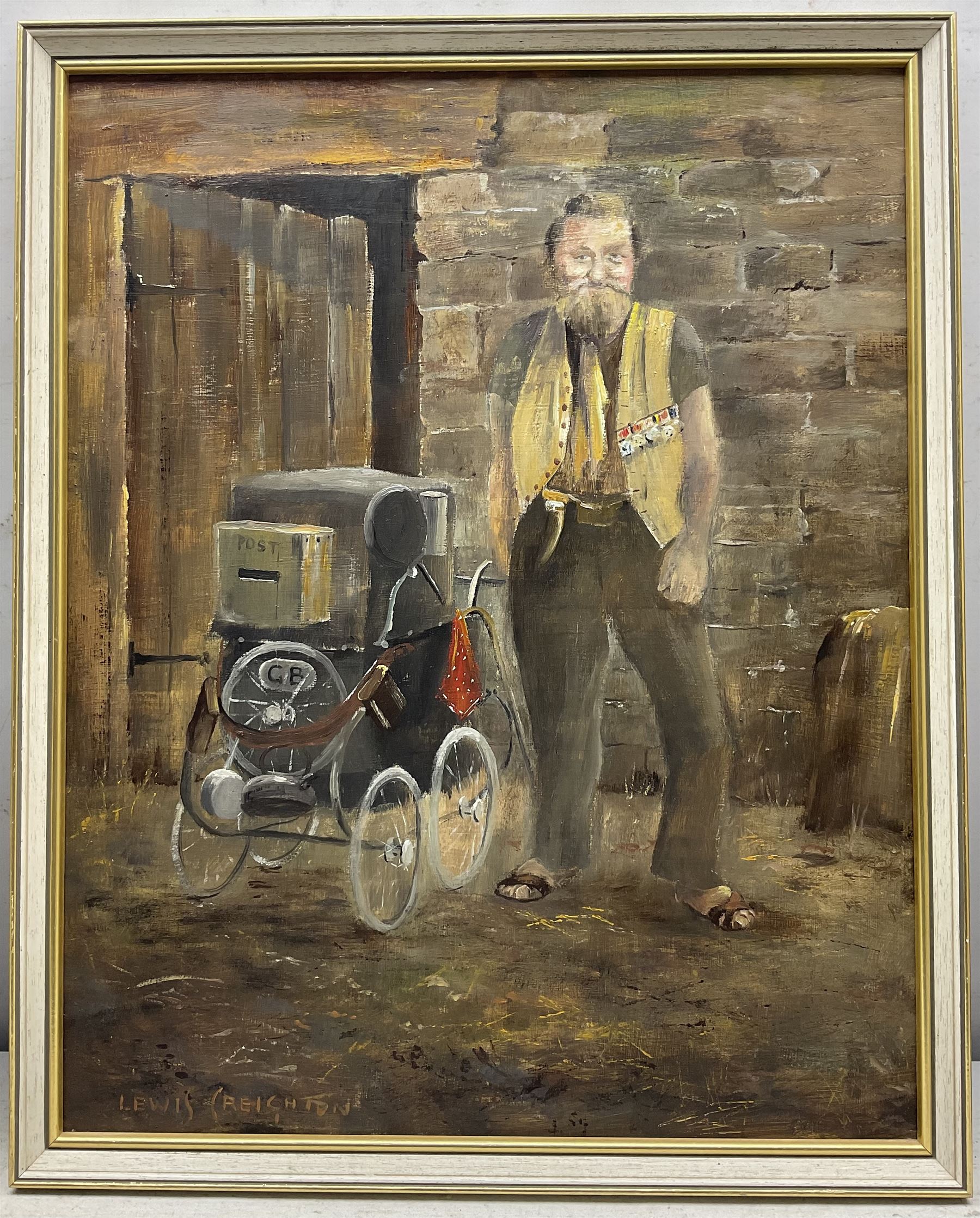 Lewis Creighton (British 1918-1996): The Postman, oil on board signed 50cm x 40cm; Thomas Leslie Kerkham (British 1918-1986): Cottage Landscape, oil on board signed 49cm x 40cm (2)