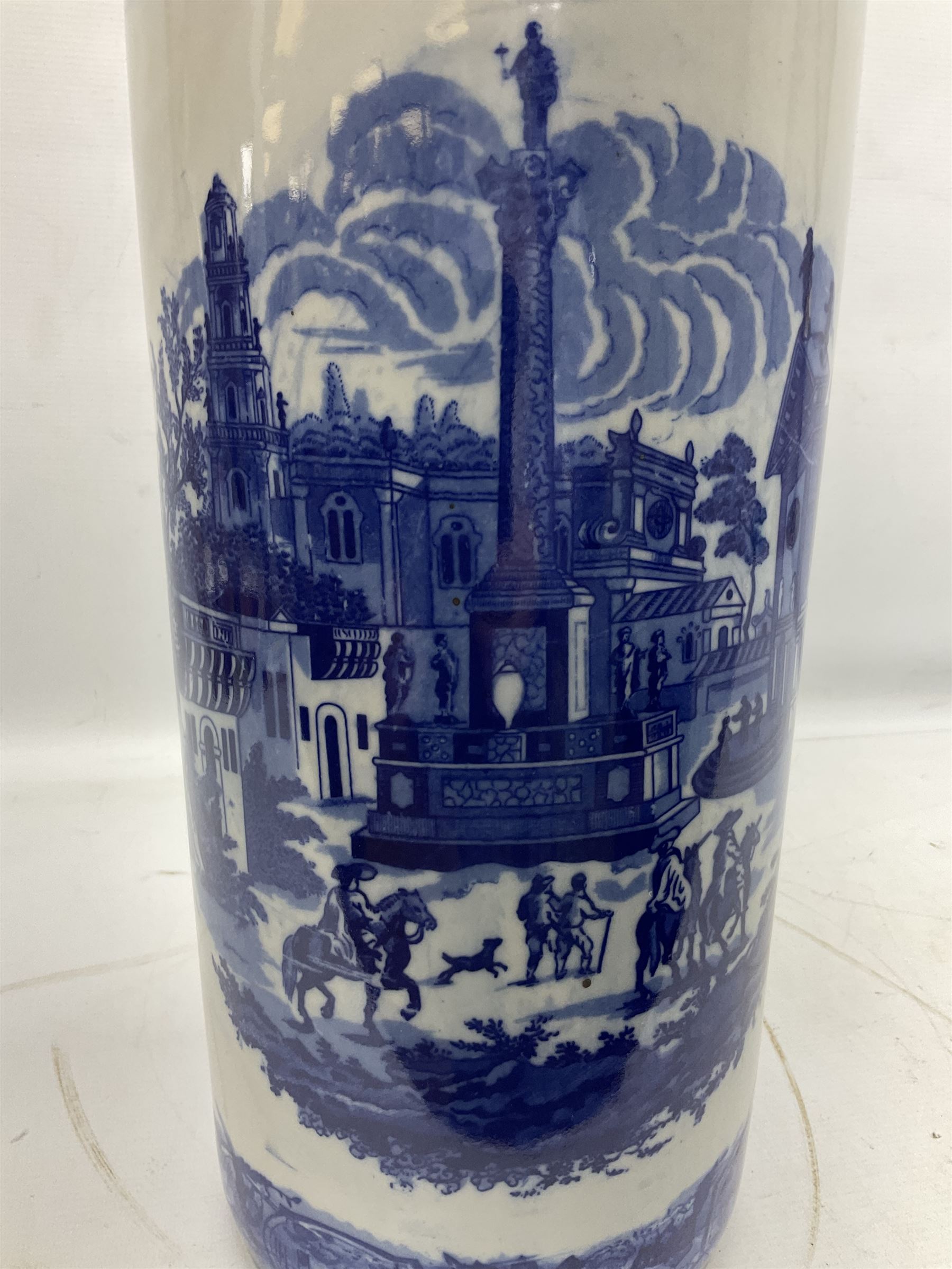 Victoria Ware blue and white umbrella stand, decorated with transfer print decorated with city scape, H43cm