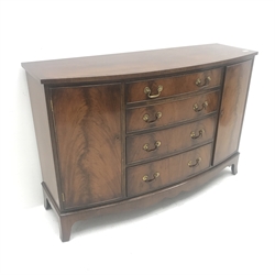 20th century mahogany bow front cross banded sideboard, four graduating drawers flanking two cupboards, shaped plinth base, W131cm, H87cm, D46cm