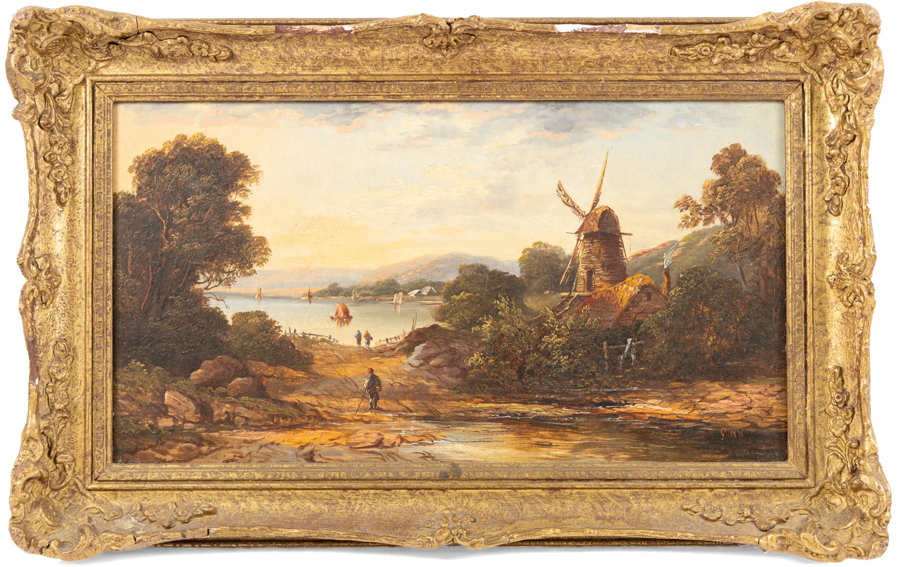 Manner of George Augustus Williams (British 1814-1901): Dutch River Landscape with Windmill, oil on canvas signed GWW 24cm x 44cm