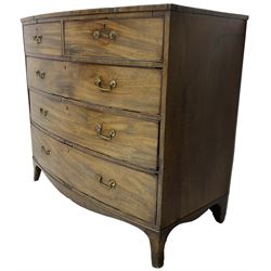 Early 19th century mahogany bow-front chest, fitted with two short over three long cock-beaded drawers, on splayed feet