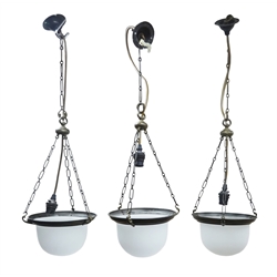  Set of three early 20th century French hanging light fittings, frosted glass bowls, circular bronze finish frames with suspension chains, D19.5cm   