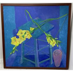 Catherine Ann Merkin (British 1969-): Yellow Flowers on a Stool, oil on canvas, signed and dated 1991 verso 152cm x 152cm