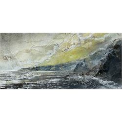 David Baumforth (British 1945-): 'Bogle Hole looking towards Ravenscar at Sunrise', mixed media on board unsigned, titled verso with artist's studio label verso 10cm x 21cm
