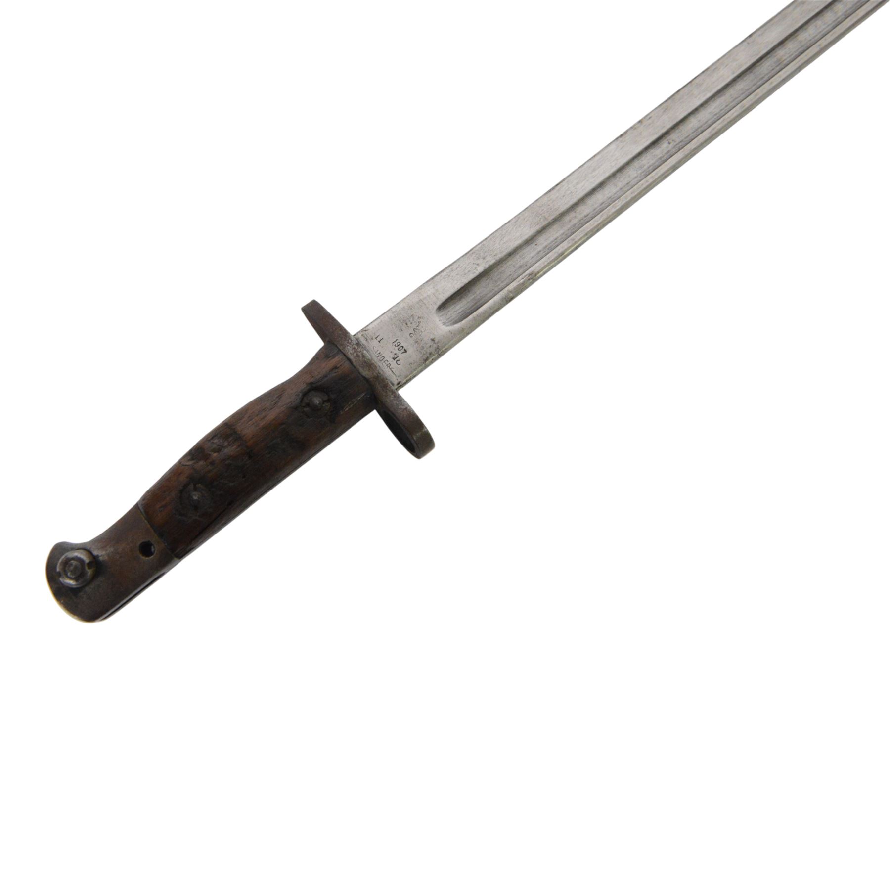 British bayonet, the 44cm blade stamped to the the ricasso Sanders, with wooden two piece grip,  in a steel scabbard with canvas frog, overall L58cm