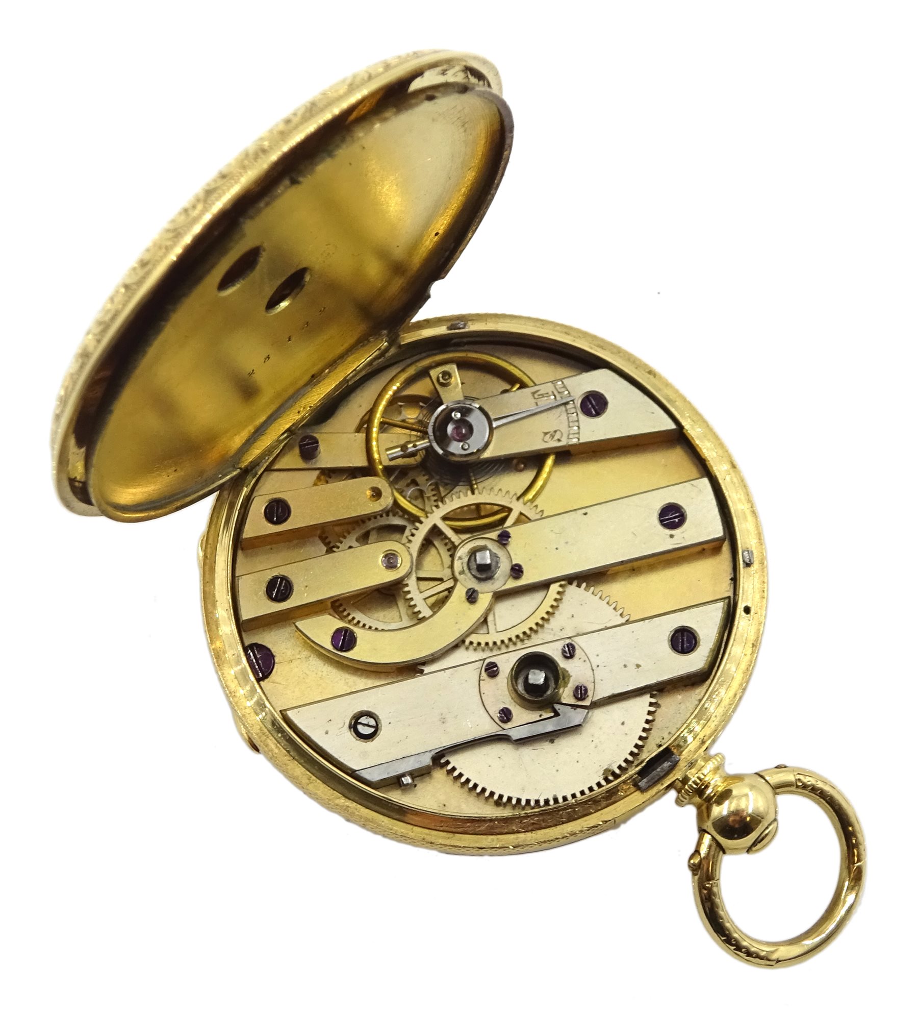 Continental 18ct gold ladies pocket watch, key wound stamped 18K, in velvet and silk lined case