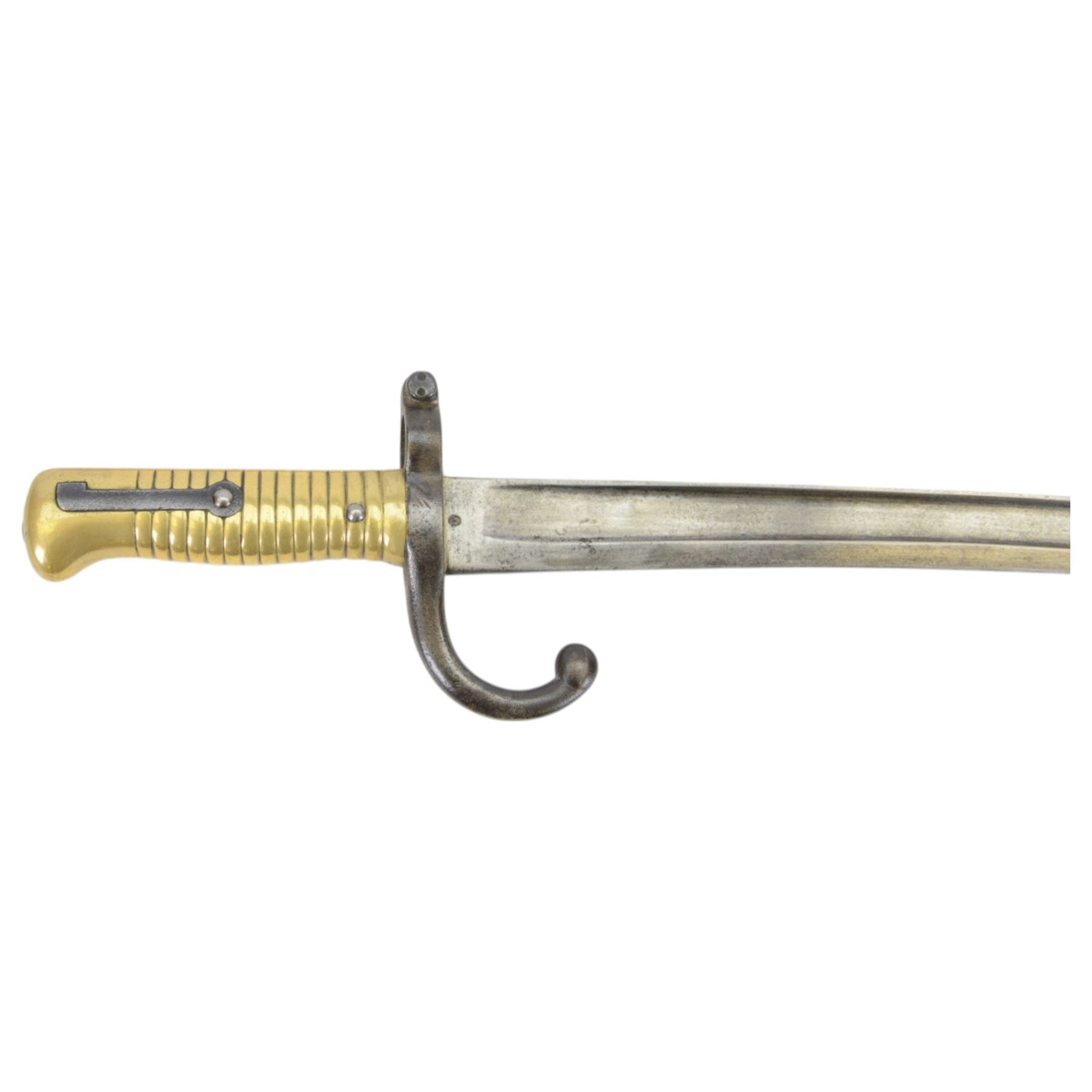 French Chassepot bayonet with 57cm curving fullered steel blade in steel scabbard, together with XIX Century French Model 1874 Gras Bayonet, manufacturer mark 'Mre d'Armes de St Etienne 1878'