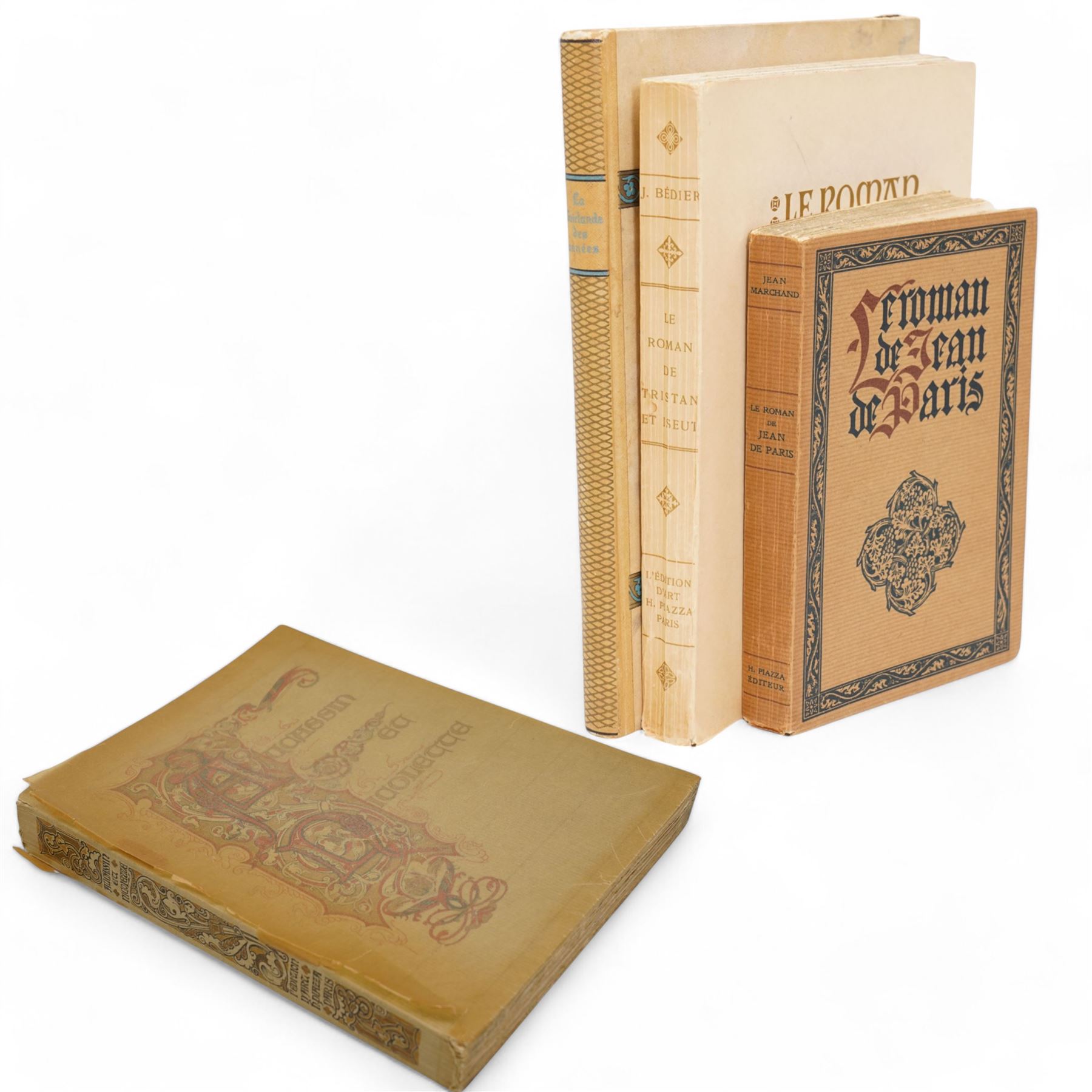 G Michaut - 'Aucassin et Nicolette' - pub.in French by L'Edition D'Art Henri Piazza 1929 limited edition with coloured plates by L Carre, soft cover, Gide, Romains Colette and Mauriac - 'La Guirlande des Annees' pub. Flammarion 1941, limited edition of 500 with coloured plates, J Marchand - 'Le Roman de Tristan et Iseut' 1924, coloured plates by Robert Engels, soft cover and 'Le Roman de Jean de Paris' 1924, soft cover and coloured plates, all published in French 