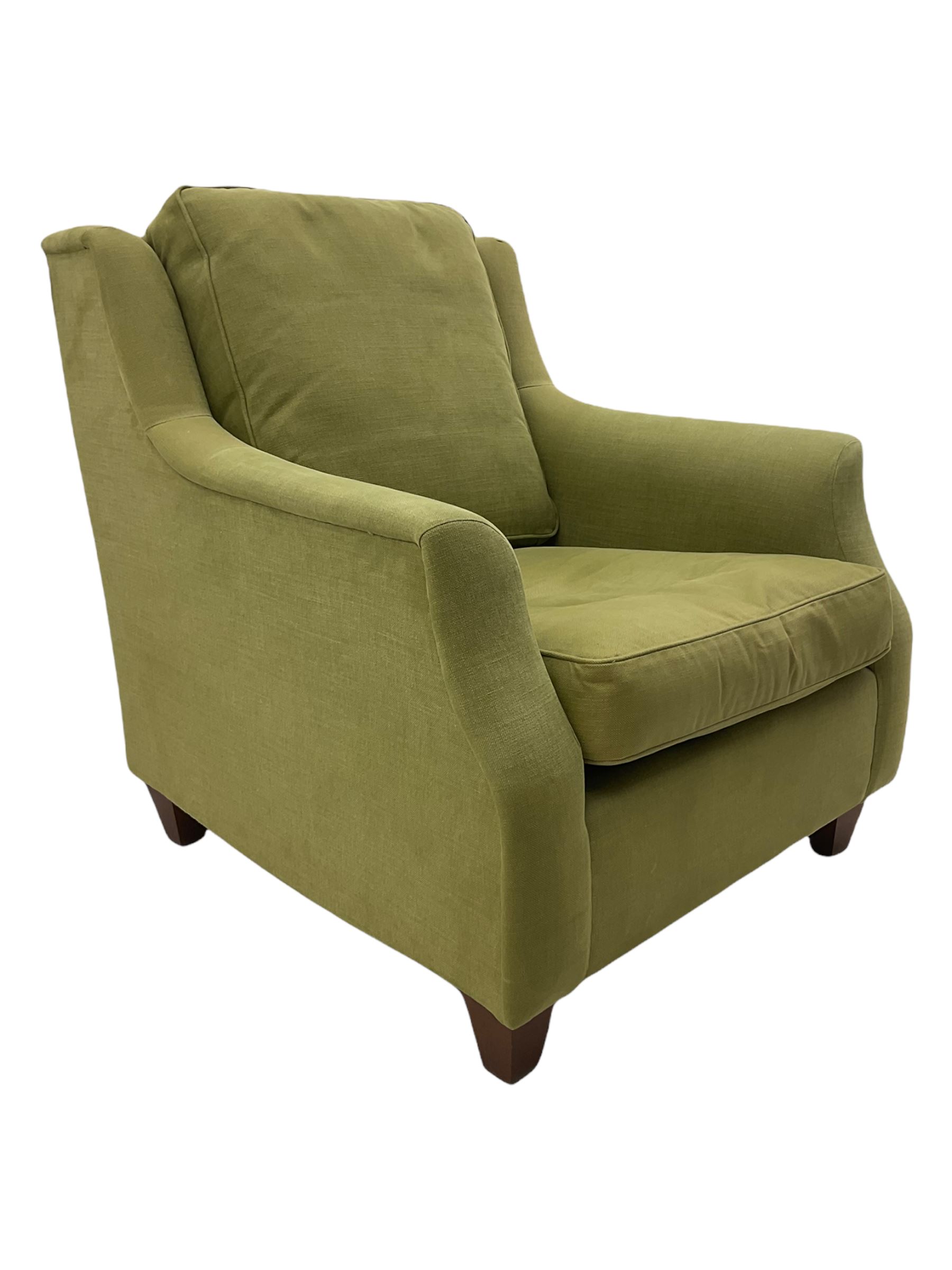 Wesley-Barrell two seat sofa and pair of matching armchairs, upholstered in sage linen fabric