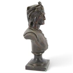 After A. Carrie, bronze bust depicting Dante Aligheri, upon socle and square plinth, signed verso with foundry mark, H22cm