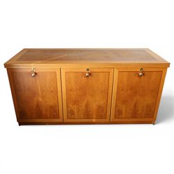 Light oak office sideboard cabinet, fitted with three doors, burr and figured panels