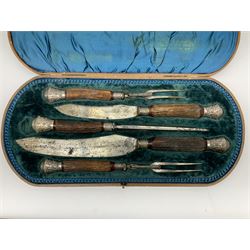 Victorian carving set, the blades stamped James Deakin and Son, Cutlers Sheffield, with part antler handles and silver plated foliate mounts, in B. Barnett of Hull lined fitted case, L47cm