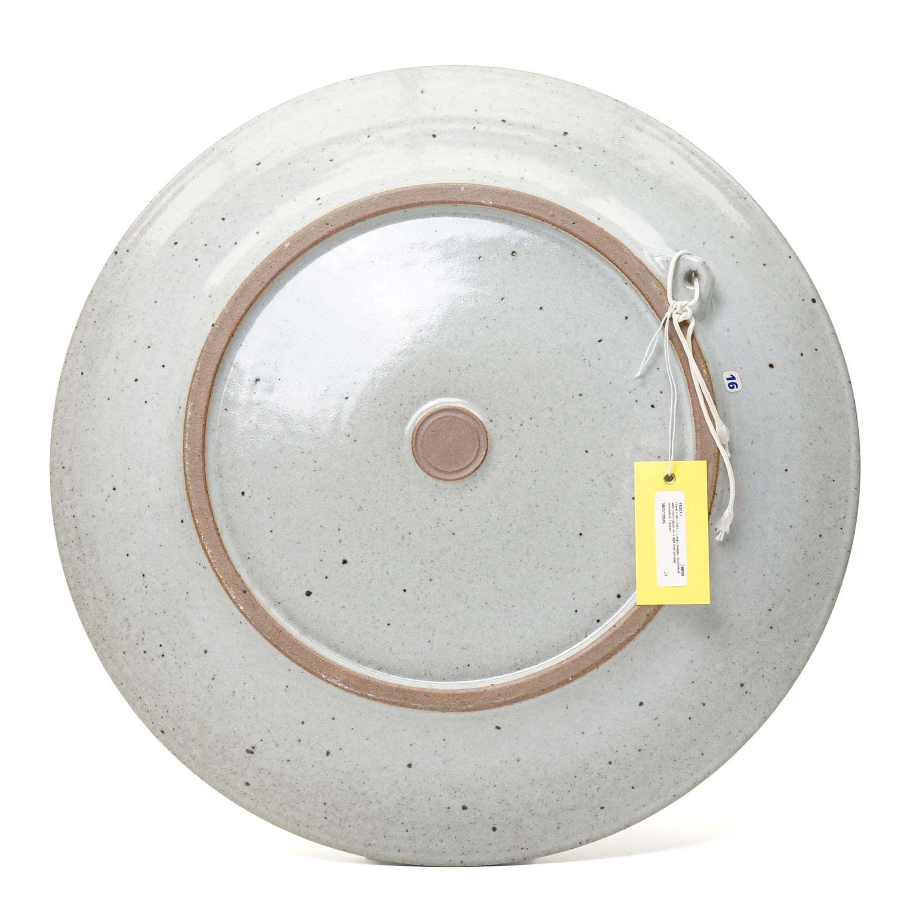 David Frith (1943-): Large charger, decorated with green glaze on a light blue ground, unmarked, D48cm