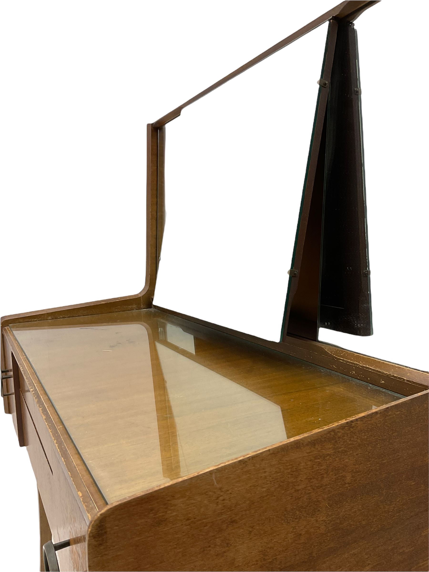 Retro sapele mahogany dressing table with sliding mirror compartments, and matching tallboy
