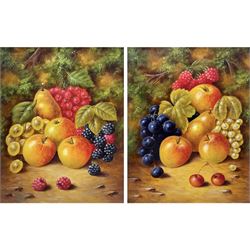 John F Smith (British 1934-): Still Life of Apples, pair oils on board signed 24cm x 19cm 
Notes: Smith was employed by Royal Worcester as a fruit painter between 1950 and 1971.