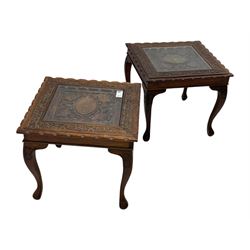 Pair of Pakistan carved hardwood brass inlaid lamp tables, square form, cabriole legs, inset glass tops