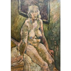 Raymond Arthur Roadnight (British 1941-): Seated Female Nude, oil on canvas unsigned 68cm x 48cm 
Provenance: the artist's studio collection. Born in High Wycombe, Roadnight spent three years training under Patrick Reyntiens and John Piper creating stained glass windows for Liverpool and Coventry cathedrals. These works included the great baptistry window in the New Coventry Cathedral, the 'Lantern' atop the Catholic Cathedral in Liverpool, and the grand windows in Oundle School Chapel. He has exhited at Royal Academy, Alfred East Gallery, Chichele College in Higham Ferriers, and Burleighfield House in Loudwater.