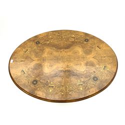 Victorian inlaid walnut oval loo table, folding snap top (no pins)
