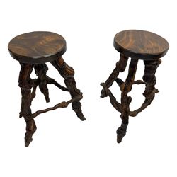 Mid-20th century French grapevine and walnut bow-front wine tasting bar, the curved counter top supported by sculptural grapevine roots, fitted with single shelf and raised on rustic vine feet (W100cm H101cm); with a pair of matching bar stools, the circular top raised on three gnarled root supports united by stretchers (W50cm H70cm)