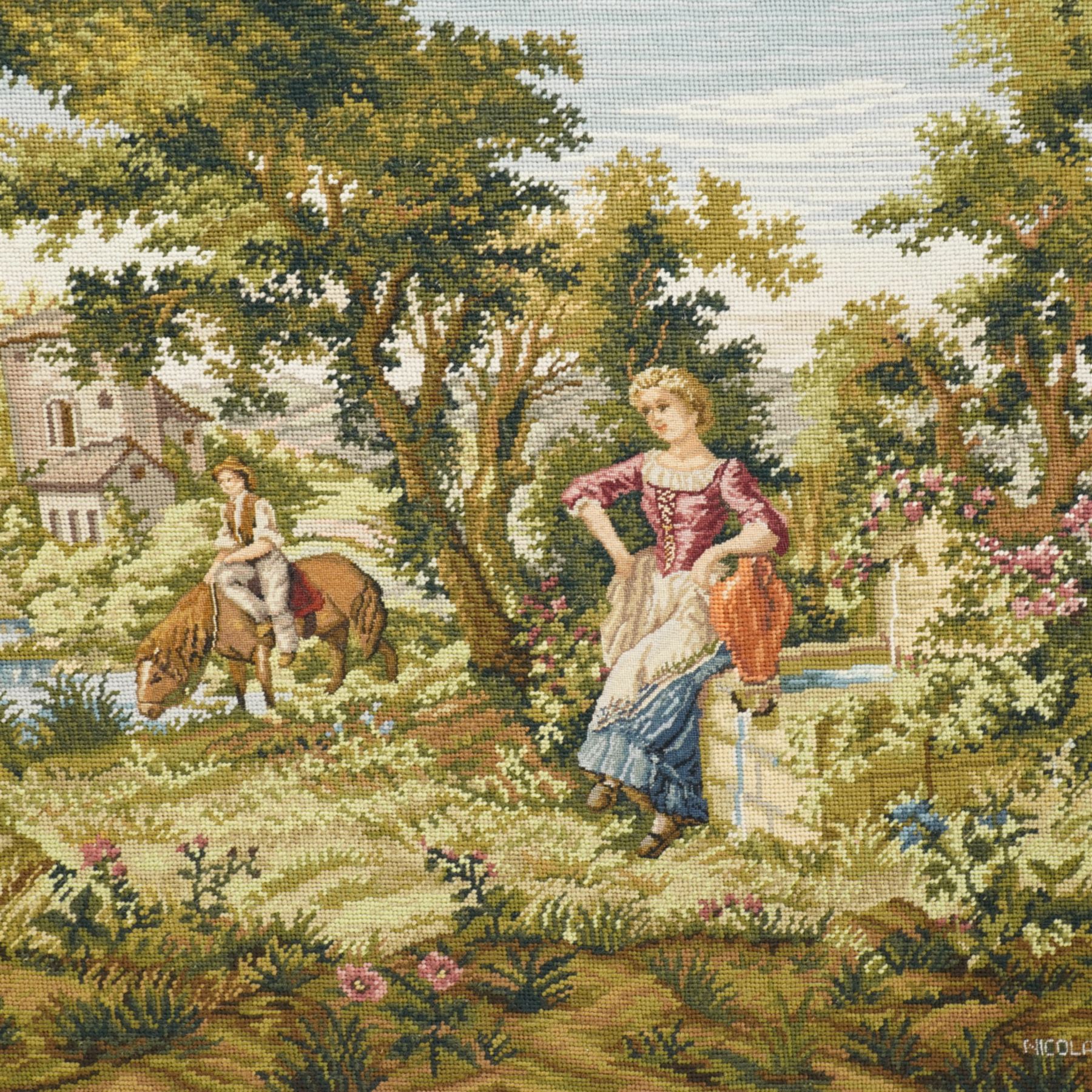 20th century tapestry mounted on wooden panel , after Nicolas Lancret (French 1690-1743), depicting figures in a landscape, approx 65cm x 138cm 