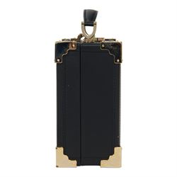 Aspinal of London black leather structured top-handle handbag with gold-tone metal mounts and corner protectors, the hinged lid opening to a fabric-lined interior fitted with a zip pocket and slip compartment, leather brand label stamped Aspinal of London England, fitted with a detachable adjustable leather shoulder strap, accompanied by an Aspinal of London dust bag and presentation box, W19cm D8cm H16cm