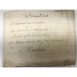  18th century manuscript deed on vellum being a five page conveyance of a farm at Rillington, with multiple wax seals, and another dated 1713 relating to the assignment of the Queens Lease on land at Middleton  
