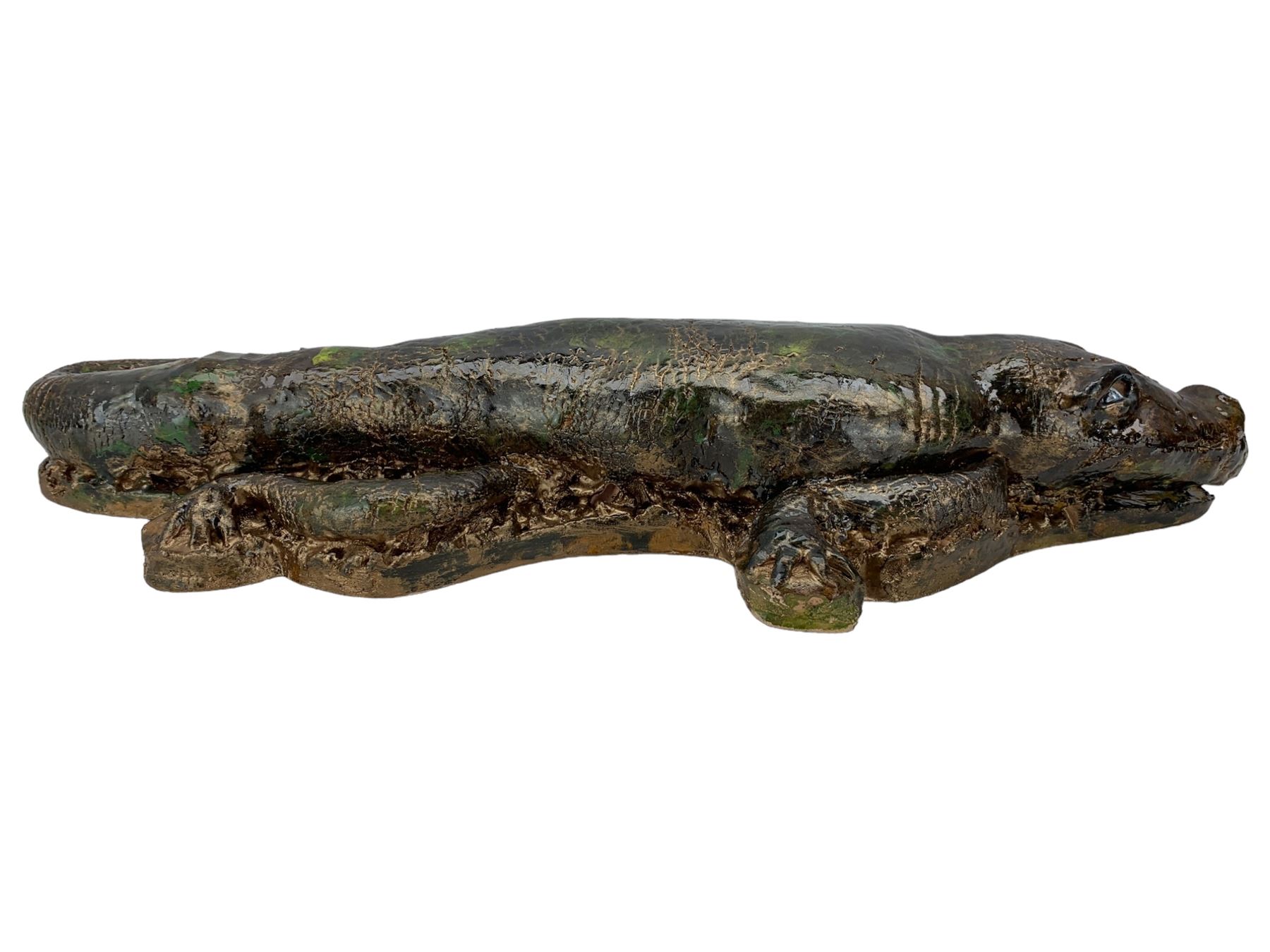 Galea Belinscaia (Yorkshire, Contemporary): Stoneware model of a baby alligator, with textured glaze finish, L56cm 