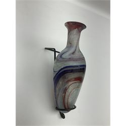 Italian Murano red, blue and opaque glass bottle, L19cm on wirework cradle stand