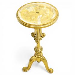 Late 19th century giltwood torchère stand, circular top with beaded moulded edge, on a turned and carved column with scrolling acanthus detail, raised on three cabriole supports with leaf carving and scroll feet