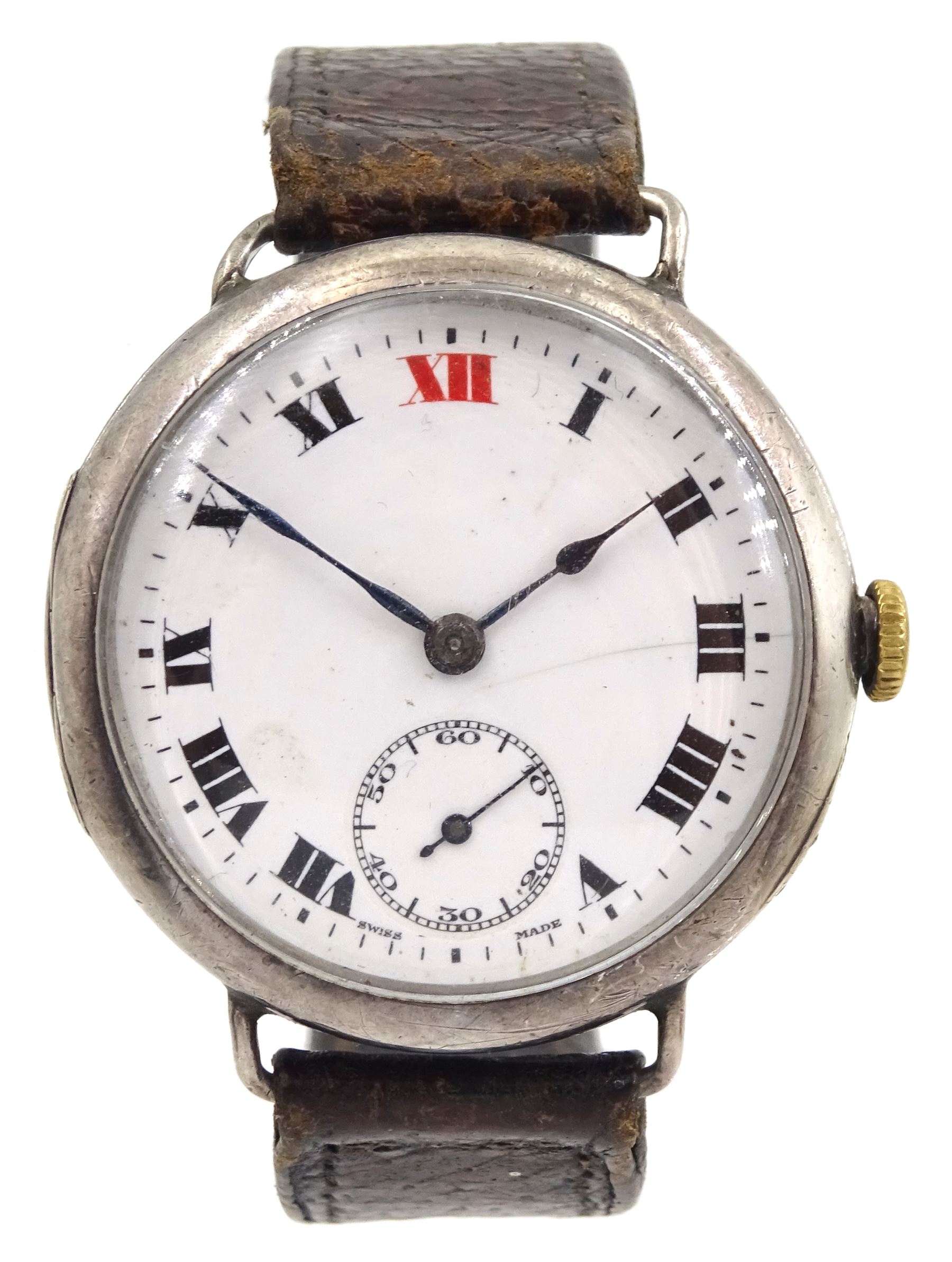 Zenith early 20th century silver manual wind wristwatch, No. 2529426, Roman numerals with subsidiary seconds dial and red 12 o'clock marker, Glasgow import marks 1938, on brown leather strap