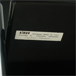 Kazuhide Takahama for Simon Gavina - set of six 1970's Italian designer black lacquered 'Kazuki' dining chairs, high slanted back over rectangular seats and broad panelled side supports, labelled to underside