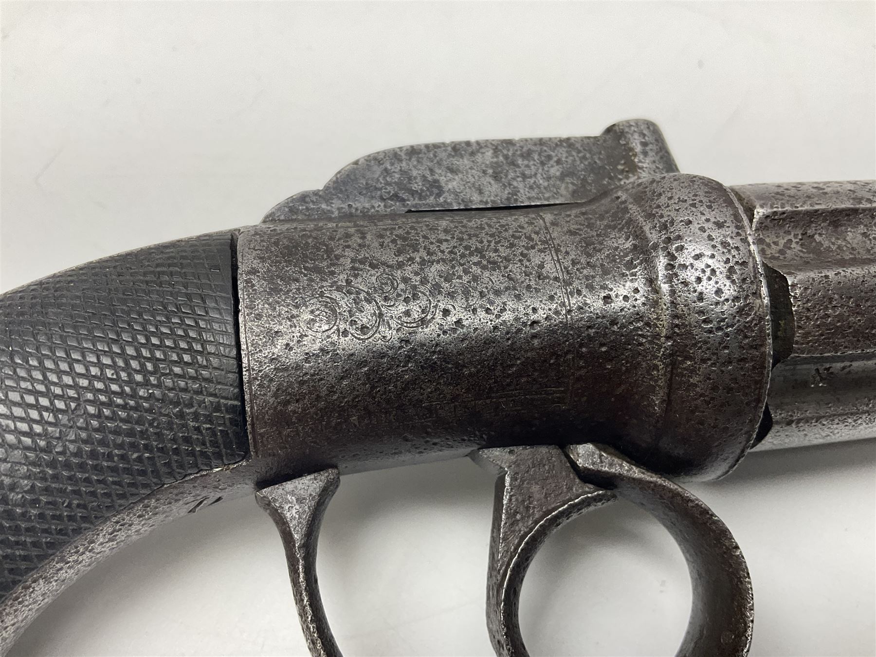 19th century percussion six-shot pepperbox revolver, approximately 32 calibre with 7.5cm barrels, L21cm overall