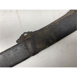 Chinese Boxer Rebellion Period Sword, 69.5cm heavy curved single edge blade with single narrow fuller, plain iron dished circular guard, iron pommel and ferrule with plaited cord bound grip; in skin covered wooden scabbard with iron chape and long suspension mount L95cm overall