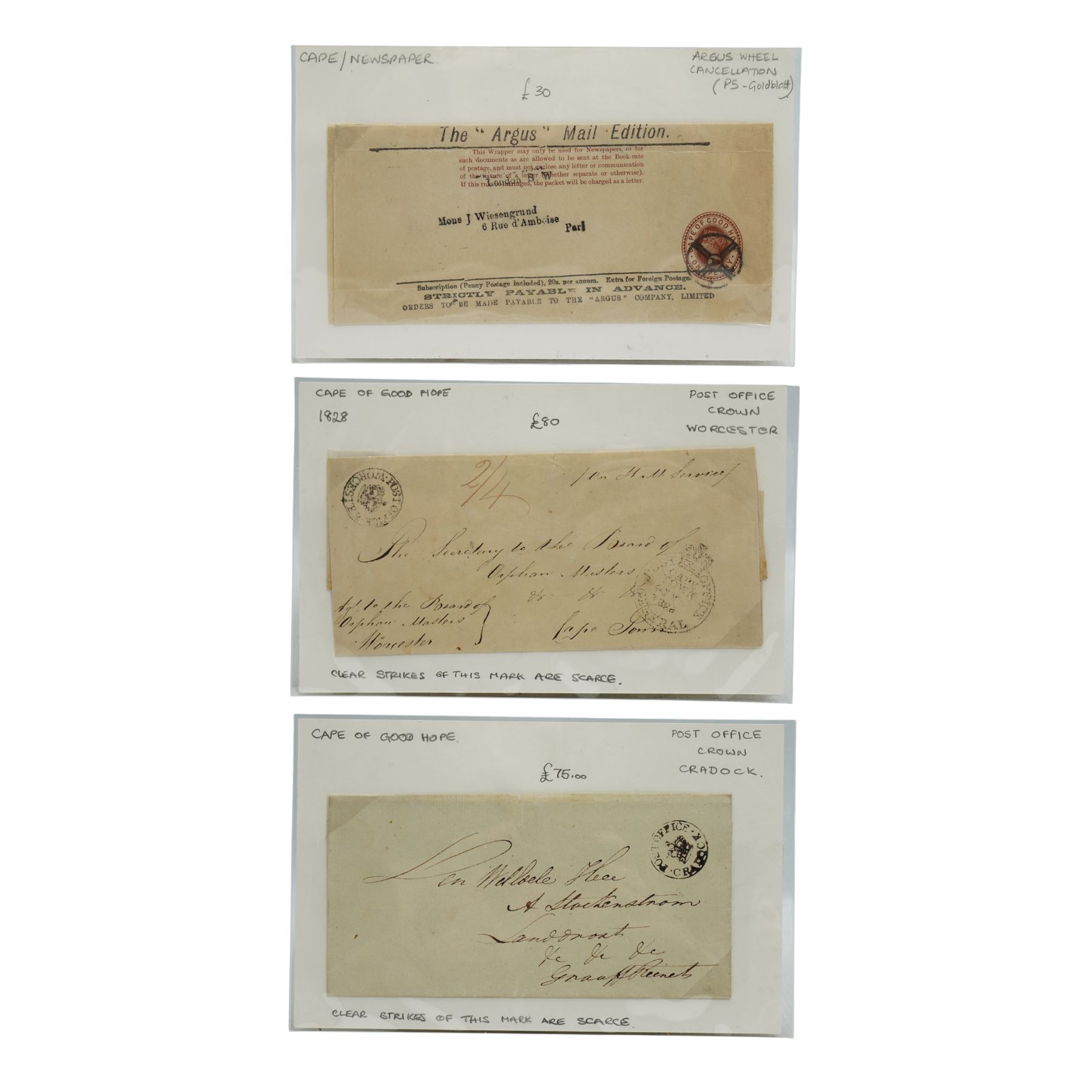 Cape of Good Hope 'The Argus Mail Edition wrapper with Argus wheel cancelation and two covers or wrappers with crown cancellations