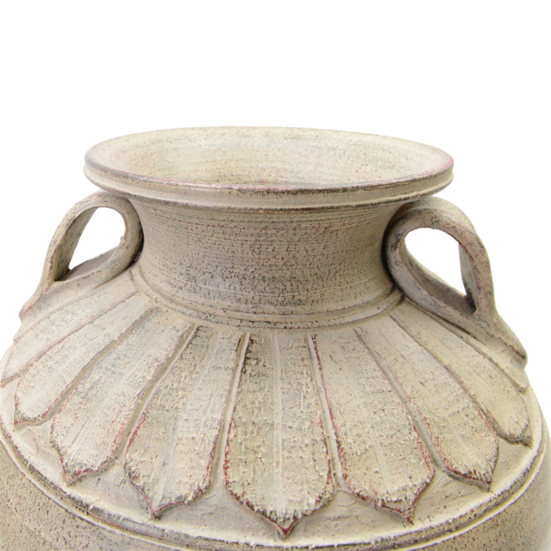 Two large Thai storage jars, with repeating leaf boarder to the neck