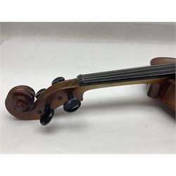 Chinese Parrot violin with 35.5cm two-piece back; L59.5cm in carrying case; and early 20th century German violin for restoration; bears label 'Antonius Stradivarius Faciebat Anno 1730'; cased with bow (2)