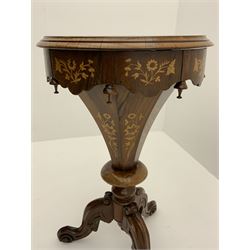 Victorian inlaid rosewood work sewing box, curved trumpet form with circular hinged lid inlaid with warrior woman on horse surrounded by trailing foliate, fitted interior, on scrolled carved splayed supports