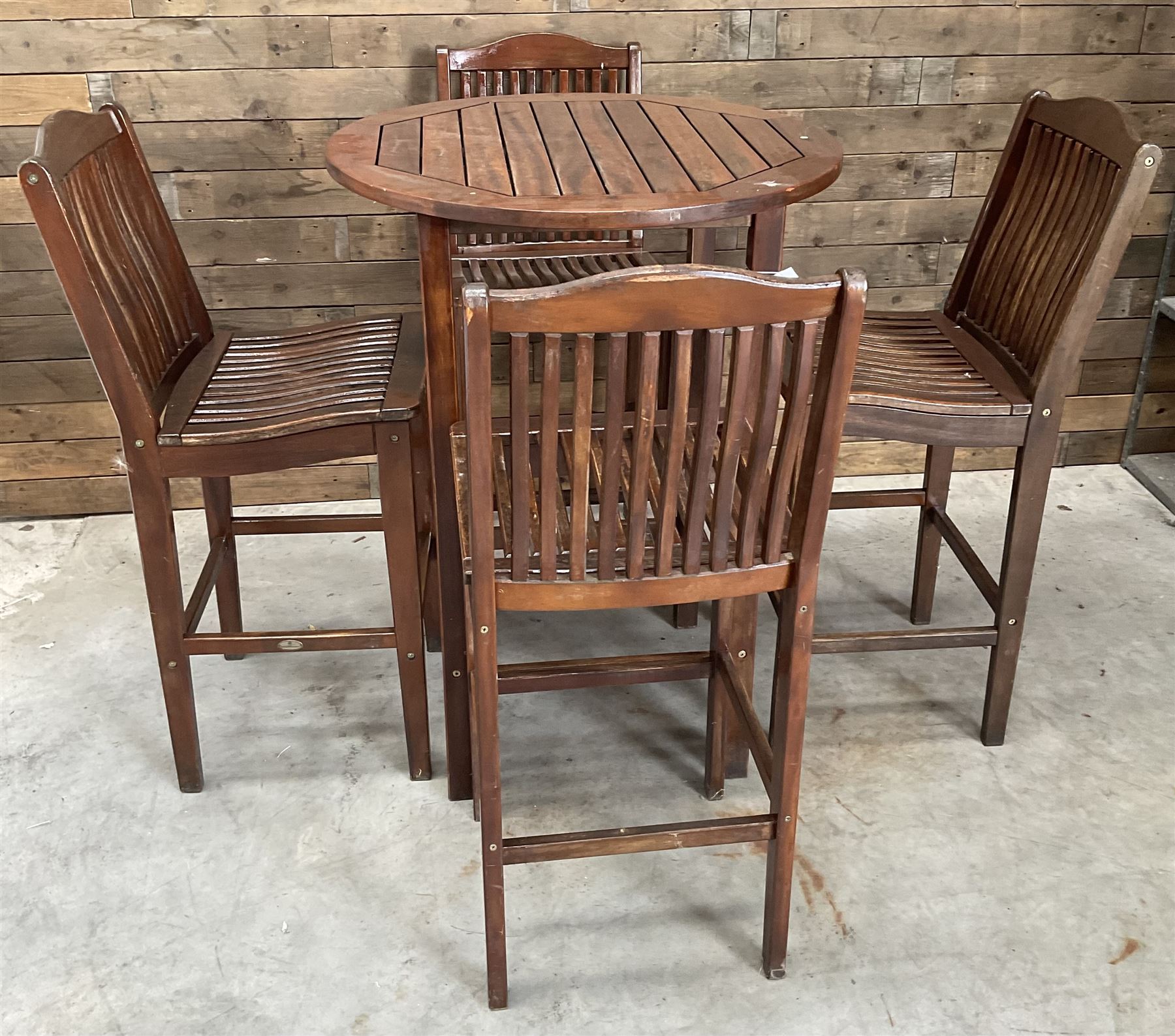 Alexander Rose circular high hardwood garden table, and four stools