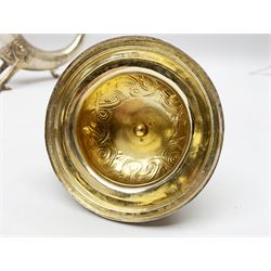 Late 19th century Danish silver drinking horn and cover, the body with hexagonal and beaded finial, raised upon two talon feet and further scroll foot, chased with scrolling foliate and zoomorphic bands, the detachable domed cover with conforming decoration surmounted by a figure holding a hammer, the cover interior impressed with maker's mark (partly worn and indistinct), alongside Danish Three Towers mark for 1881, with the Assay Master mark for Simon Groth (1863-1904), H23.5cm, weight 14.75 ozt (459 grams)

