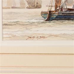 David C Bell (British 1950-): 'True Briton off Wapping c1867', watercolour signed, titled verso 38cm x 63cm
Notes: The True Briton was built in 1861 for R Wigram & Sons at the famous Blackwall Yard on the Thames. The third ship of that name, this wood-built passenger ship, 1046 tonnes and 195 feet in length, was the final development of the 'Blackwall' or more accurately 'frigate-built' ship, made famous by the Honourable East India Company, of which the Wigram and Greene Yards at Blackwall built so many. Seen here leaving Wapping for a passage to Australia the True Briton was last owned by John Smith of London and ended her days as a coal-hulk. 