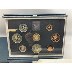 Five The Royal Mint United Kingdom 1984 proof coin sets, all cased with certificates, five Swaziland 1974 year sets and two Ceylon 1971 year sets (12)