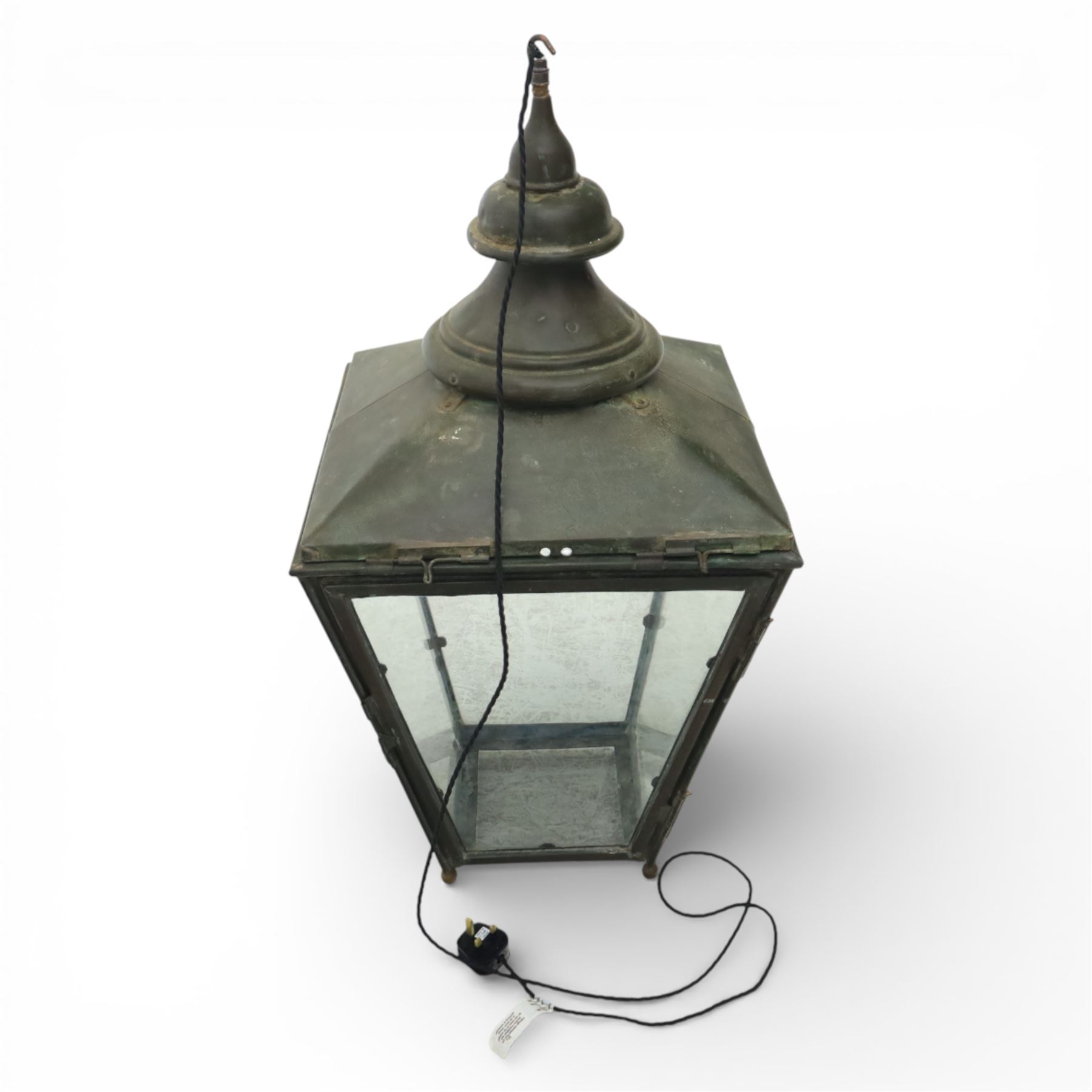 Victorian verdigris copper street lantern, now converted, of typical tapering form with four glazed panes, H84.5cm W43cm