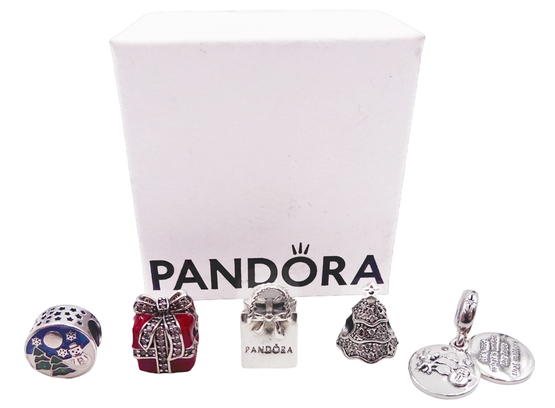 Five silver Pandora charms including Pandora shopping bag