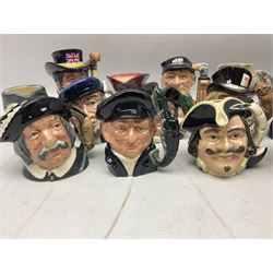 Large collection of Royal Doulton miniature character jugs, to include The Postman D6801, The London 'Bobby' D6762, Old Salt, D6554, Sir Henry Doulton D6703 etc  