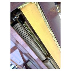 Knight - upright piano in mahogany gloss lacquered case, with stool,  rectangular slide back fall front enclosing full keyboard, with twin brass pedals, cabriole legs 