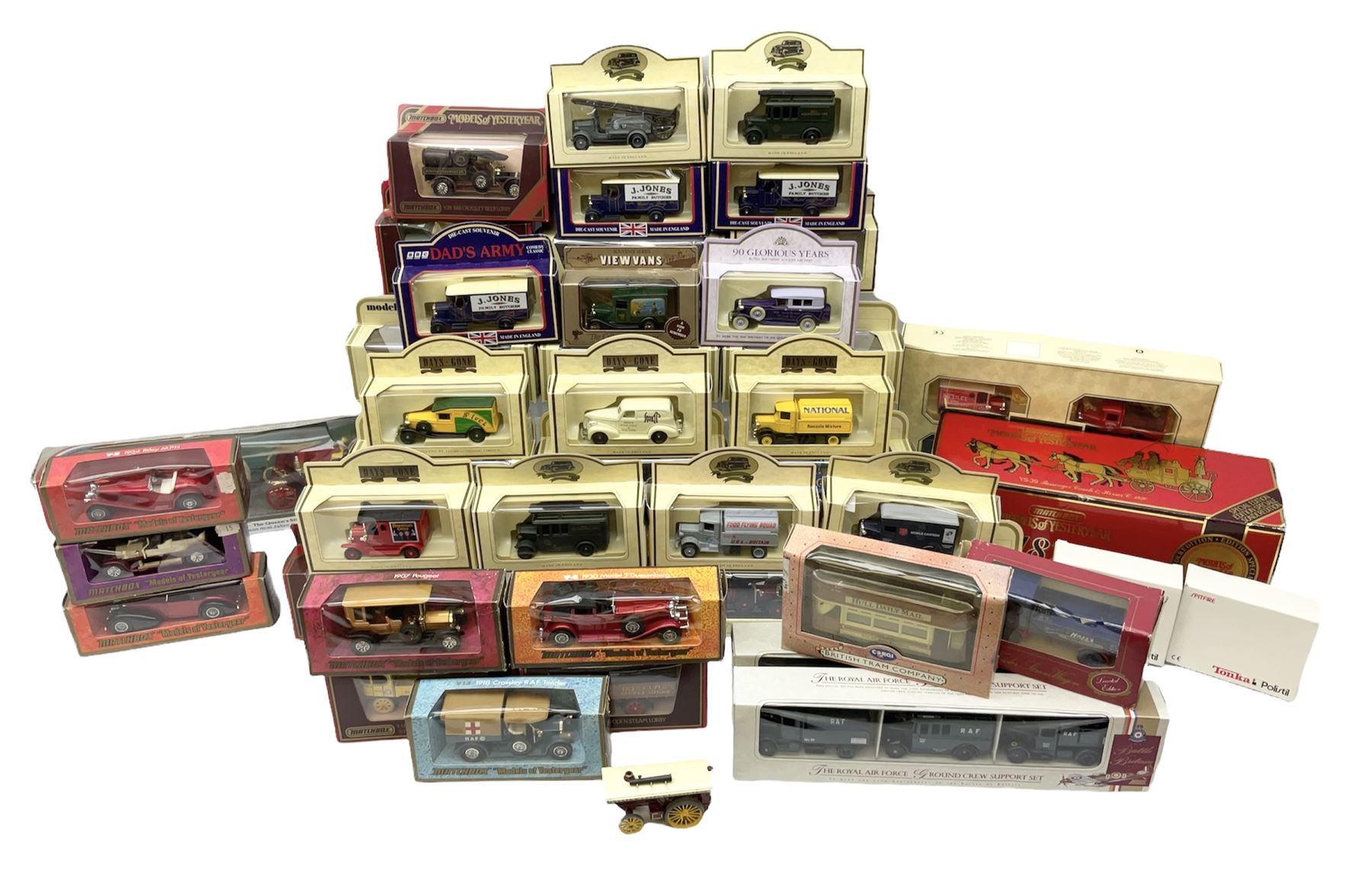 Various makers - forty-five modern die-cast models by Matchbox MOY, Days Gone, Lledo, Corgi etc including single models and sets, 1977 Silver Jubilee State Landau, commercial and promotional vehicles, passenger coach and horses, RAF etc; all boxed (45)