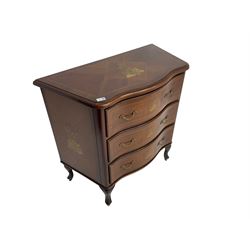 French design inlaid mahogany serpentine chest, crossbanded and strung top, fitted with three drawers, raised on cabriole supports