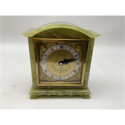 Elliott London green marble mantel clock, the gilt dial with silvered chapter ring, H16cm, together with a glass dish