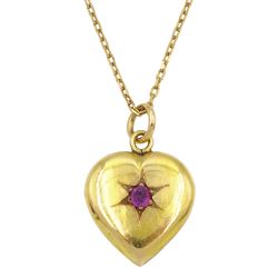 Victorian gold heart pendant set with a single stone ruby, on later 9ct gold chain