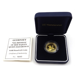 Queen Elizabeth II 1996 Guernsey '70th Birthday of Her Majesty Queen Elizabeth II' gold proof twenty-five pounds coin, struck in 24 carat gold, cased with certificate, number 1993